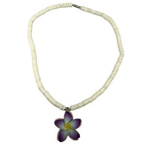 Vintage Hawaiian Flower Pouka Shell Necklace 17" Surfer Boho Chic Bohemian